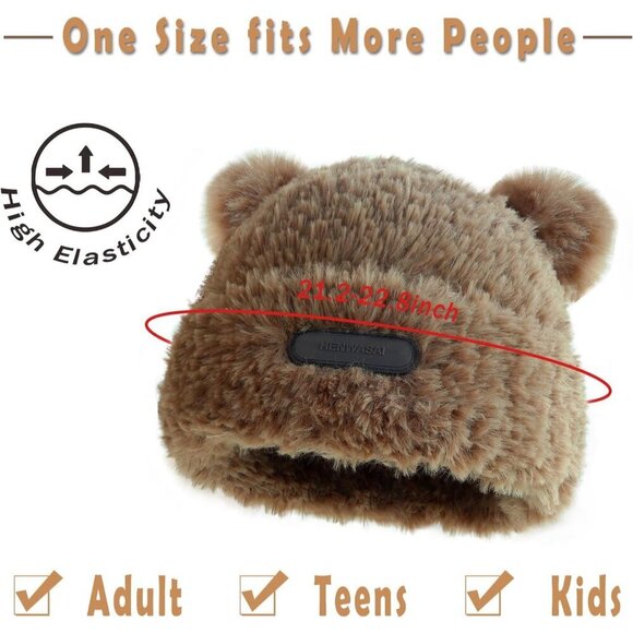 Fuzzy Bear Ears Beanie Hat for Women Faux Fur Woolen Winter Keeps Head Warm main image 5
